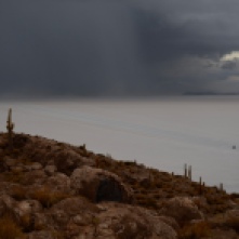 Approaching strom near Cactus Island in the middle of the Salt Flats tour Bolivia